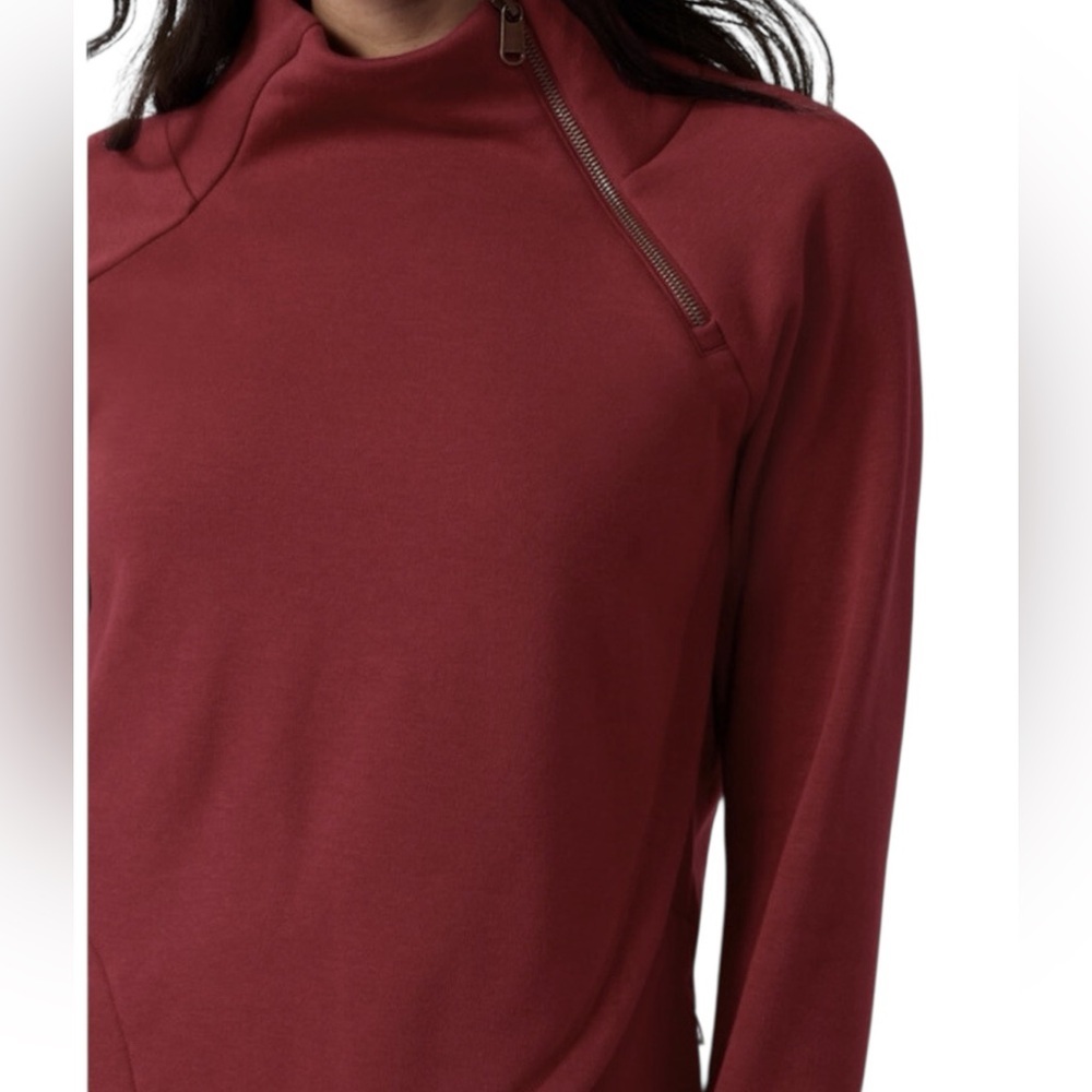 Athleta Coza Karma Asymmetrical Zippered Neck Pullover Sweatshirt Merlot Sz S - Picture 4 of 14